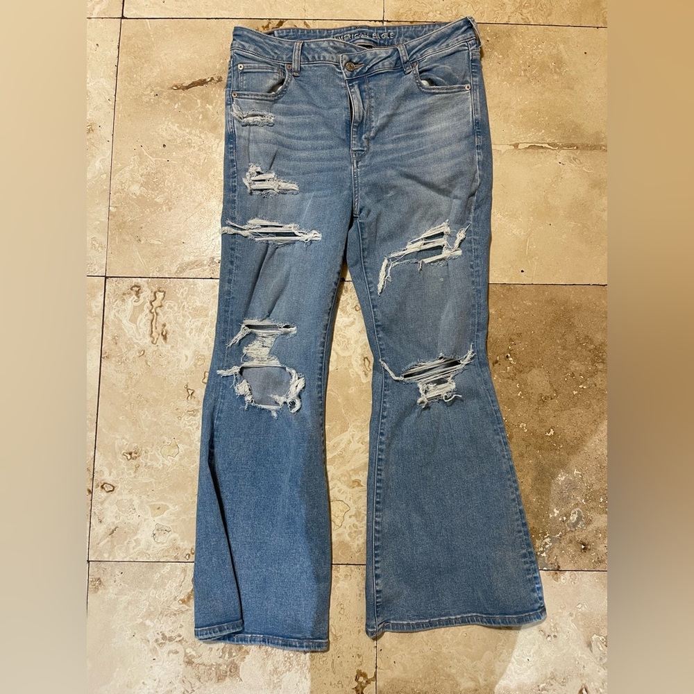 American Eagle Outfitters Flare Distressed Blue Jeans